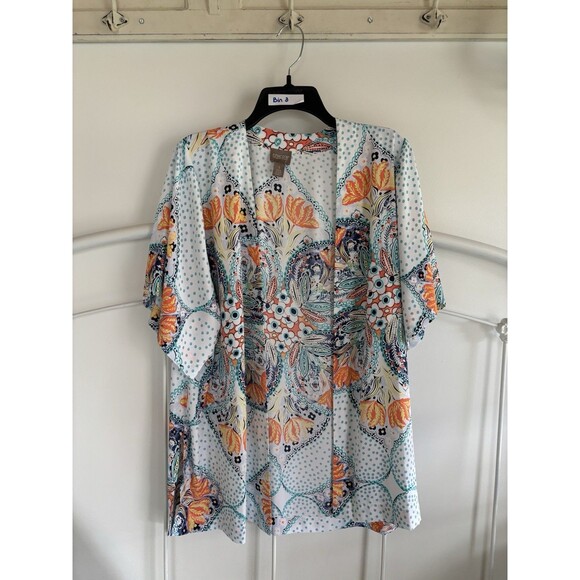 Chicos Flowy Floral Open Shirt Tunic Size 1 Orange Blue Cruise Resort - Picture 1 of 5